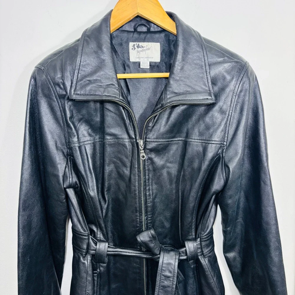 VTG Jacqueline‎ Ferrar Women's Black Genuine Leather Jacket Belted Zip Sz Medium